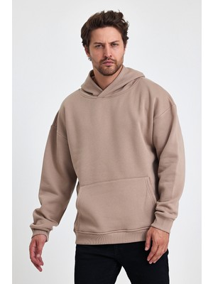 Overoz Basic Kapüşonlu Yarı Oversize Unisex Sweatshirt Taş Rengi Hoodie
