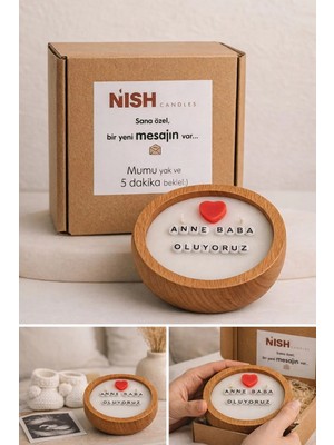 Nish Candles Gizli Mesajlı Mum Anne Baba Oluyoruz El Yapımı Soya Mum Ahşap Kasede, Çift Fitilli, Eşinize Süprizli Bebek Haberi