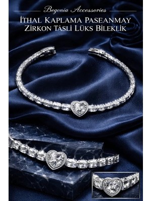 Begonia Accessories Ithal Özel Tasarım Zirkon Taşlı Kadın Bileklik 21 cm – 14K Altın Kaplama & 925 Ayar Gümüş Kaplama Seçenekli – Paslanmaz Kararmaz Baget Zirkon Şerit Bileklik – Şık Trend Kadın Takı - 20