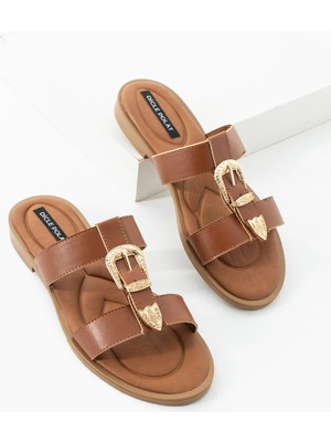 Dicle Polat Kadın Taba Tokalı Çift Bantlı Günlük Terlik - Konfor Taban  Velin