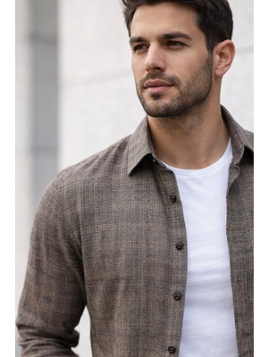 Varetta Erkek Kahverengi  Gömlek Uzun Kollu Cepli Klasik Kesim Kum Desen