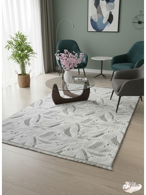 Konak Halı Modern Gri Çizgisel Desenli Emboss Saçaklı Salon Halısı Saçaklı Kaymaz Taban