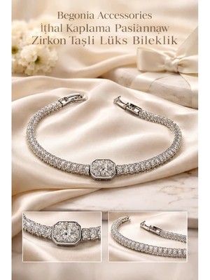 Begonia Accessories Ithal Özel Tasarım Zirkon Taşlı Kadın Bileklik 21 cm – 14K Altın Kaplama & 925 Ayar Gümüş Kaplama Seçenekli – Paslanmaz Kararmaz Baget Zirkon Şerit Bileklik – Şık Trend Kadın Takı - 15