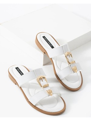 Dicle Polat Kadın Beyaz Tokalı Çift Bantlı Günlük Terlik - Konfor Taban  Velin