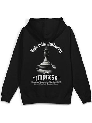Overoz Empress Satranç Sırt Baskılı Kapüşonlu Yarı Oversize Unisex Sweatshirt Siyah Hoodie 1196