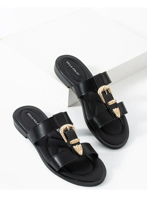 Dicle Polat Kadın Siyah Tokalı Çift Bantlı Günlük Terlik - Konfor Taban  Velin