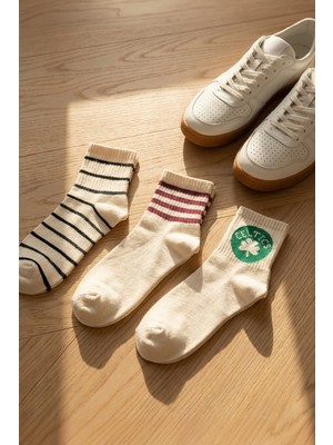 Lykos Retro 3'lü Paket Nakışlı Ve Çizgili Spor Kolej Çorabı