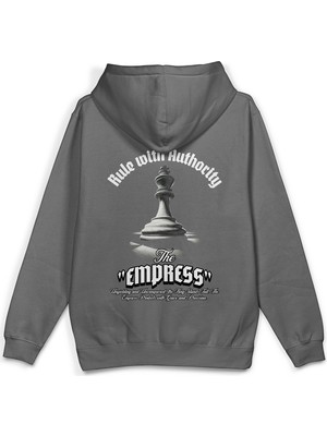 Overoz Empress Satranç Sırt Baskılı Kapüşonlu Yarı Oversize Unisex Sweatshirt Gri Hoodie 1196