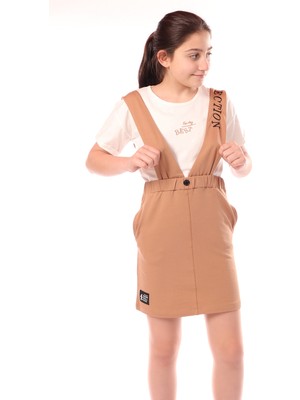 Toontoy Kız Çocuk Bisiklet Yaka Basic T-Shirt ve Askılı Cepli Nakış Baskılı Salopet Elbise - 2'li Takım