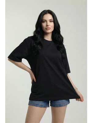 Veleno Kadın Siyah Oversize Bisiklet Yaka Relaxed Rahat Kalıp T-Shirt
