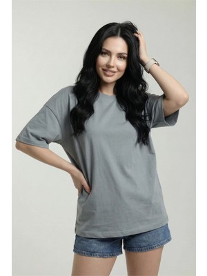 Veleno Kadın Gri Oversize Bisiklet Yaka Relaxed Rahat Kalıp T-Shirt