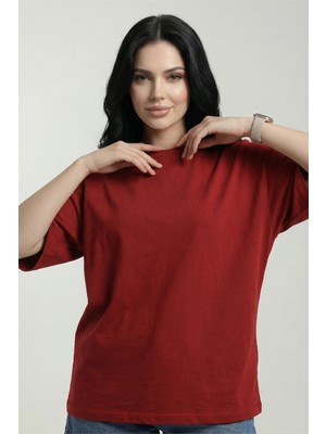 Veleno Kadın Kırmızı Oversize Bisiklet Yaka Relaxed Rahat Kalıp T-Shirt