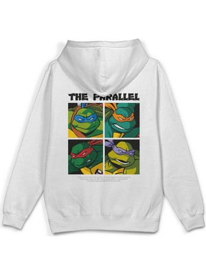 Overoz Ninja Kaplumbağalar Sırt Baskılı Kapüşonlu Yarı Oversize Sweatshirt Beyaz Hoodie 1302