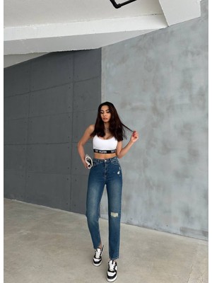 Aida Fashion Tek Diz Yırtık Mom Jeans