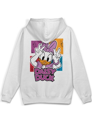 Overoz Daisy Duck Sırt Baskılı Kapüşonlu Yarı Oversize Unisex Sweatshirt Beyaz Hoodie 1233