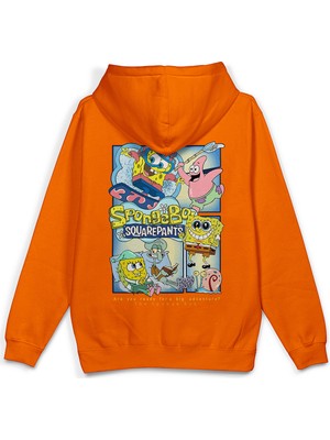 Overoz Sünger Bob Sırt Baskılı Kapüşonlu Yarı Oversize Unisex Sweatshirt Turuncu Hoodie 1232
