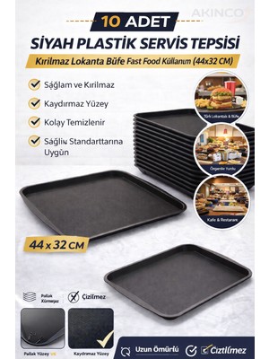 Akinco 10 Adet Siyah Midi Boy Plastik Servis Tepsisi Kırılmaz Lokanta Büfe Fast Food Kullanım (44X32 Cm)