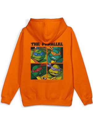 Overoz Ninja Kaplumbağalar Sırt Baskılı Kapüşonlu Yarı Oversize Sweatshirt Turuncu Hoodie 1302