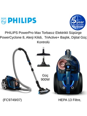 Philips Ultra Powerpro Max Toz Torbasız Süpürge , 900 W , 2 Litre , Hepa 13 , Mavi ,FC974 + Akıllı Baskül Bluetooth Elektronik Tartı Hediye