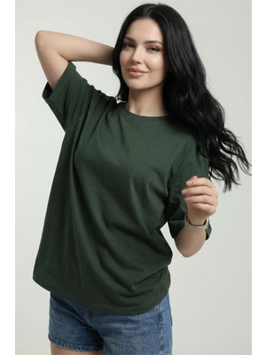 Veleno Kadın Haki Oversize Bisiklet Yaka Relaxed Rahat Kalıp T-Shirt