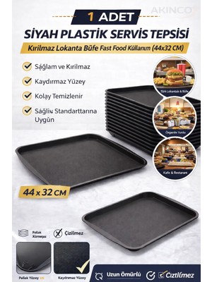 Akinco Siyah Midi Boy Plastik Servis Tepsisi Kırılmaz Lokanta Büfe Fast Food Kullanım (44X32 Cm)