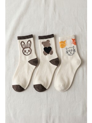 Lykos Sevimli 3'lü Paket Nakışlı ve Sanatsal Baskılı Kolej Çorap Seti (Tavşan - Ayı - Kediler)