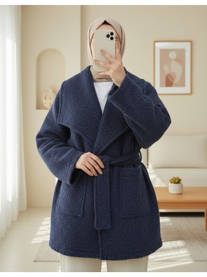 Modamorfo Geniş Yakalı Beli Kemerli Cepli Kaşe Kaban -Laci