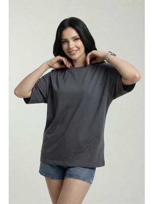 Veleno Kadın Füme Oversize Bisiklet Yaka Relaxed Rahat Kalıp T-Shirt