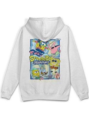 Overoz Sünger Bob Sırt Baskılı Kapüşonlu Yarı Oversize Unisex Sweatshirt Beyaz Hoodie 1232