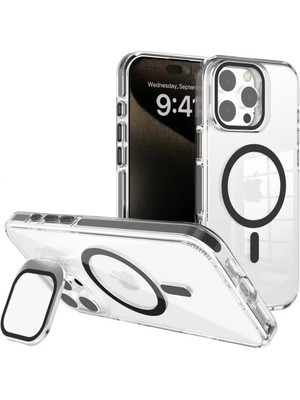 Apple iPhone 17 Pro Uyumlu Magsafe Destekli Kılıf Şeffaf Pc+Tpu Açılır Krom Kamera Standlı Kapak