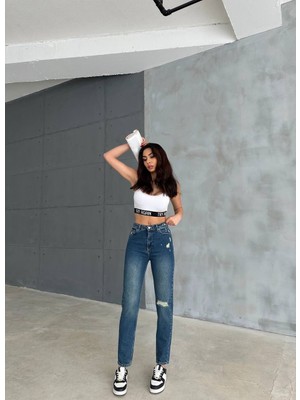 Aida Fashion Tek Diz Yırtık Mom Jeans