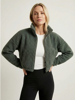 H1Style Uzun Kollu Oversize Fit Cepli Crop Spor Astarlı Fermuarlı Peluş Ceket