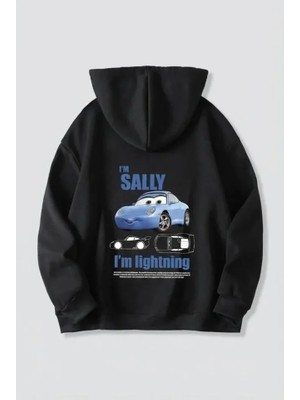 Modatıkla Sevgililer Günü Özel Kapüşonlu Araba Baskılı Oversize Sweatshirt - Siyah