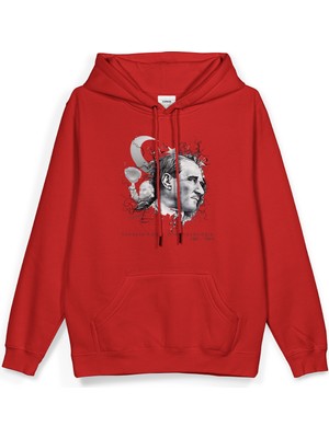 Overoz Atatürk Baskılı Kapüşonlu Yarı Oversize Sweatshirt Unisex Kırmızı Hoodie 1236