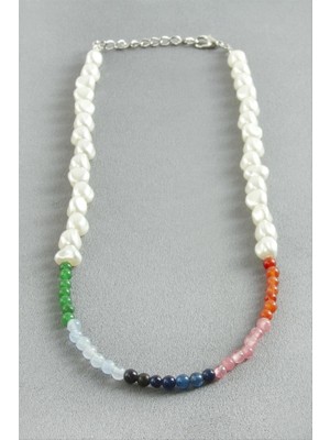 Zero Land Storozal Renkli Doğaltaşlı Inci Kolye - Beyaz