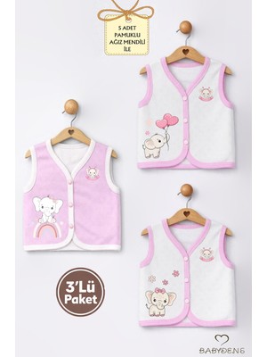 Babyden's Kız Bebek 3’lü Yelek Seti Kalp Jakar Desenli Fil Baskılı Çıtçıtlı Yelek Yenidoğan Mevsimlik Yelek