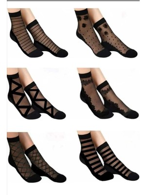 UZN Socks Siyah Tül Çorap 6lı Kadın Üst Taban Desenli Tül Alt Taban Penye Kadın Çorap