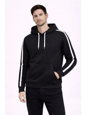 Modatıkla Erkek Şeritli Kapüşonlu Sweatshirt Oversize 3 Iplik Pamuklu - Siyah