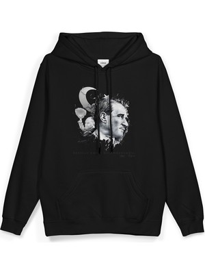 Overoz Atatürk Baskılı Kapüşonlu Yarı Oversize Unisex Sweatshirt Siyah Hoodie 1236