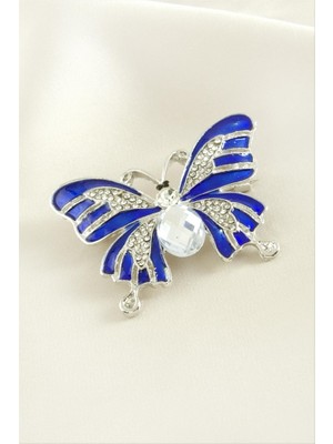 Zero Land Storozal Kelebek Mineli Taşlı Broş - Gümüş Rengi