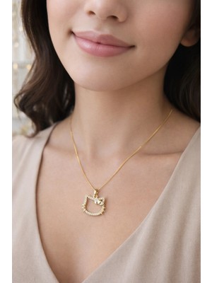 Gold Renkli Hello Kedili Çelik Kolye