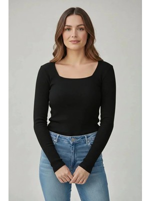 CHEISU Kadın Siyah Uzun Kollu Kare Yaka T-Shirt Bluz Kaşkorse Fitilli