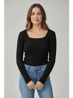 CHEISU Kadın Siyah Uzun Kollu Kare Yaka T-Shirt Bluz Kaşkorse Fitilli