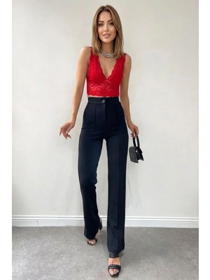 Kadın Siyah Palazzo Pantolon Yüksek Bel İspanyol Paça Toparlayıcı %95 Polyester Model 1976