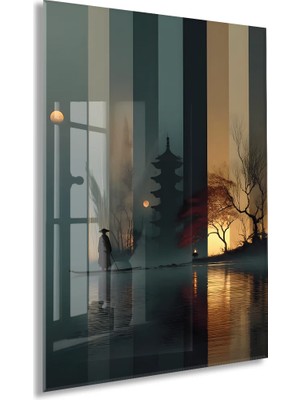 Generic Modern Asya Tapınak Silüeti Cam Tablo – Gece ve Gün Batımı Temalı Sanatsal Uv Baskılı Temperli Cam Duvar Tablosu - PEONY016