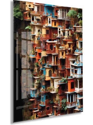 Generic Modern Renkli Şehir Cepheleri Cam Tablo – Mimari ve Kentsel Sanat Temalı Uv Baskılı Temperli Cam Duvar Tablosu - PEONY019