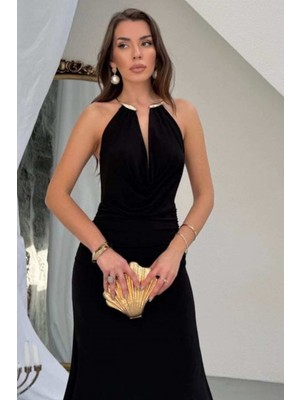 Zishan Fashion Sandy Kumaş Straplez & Halter Yaka Uzun Abiye Elbise - Dökümlü Bodycon Gece Elbisesi 10178