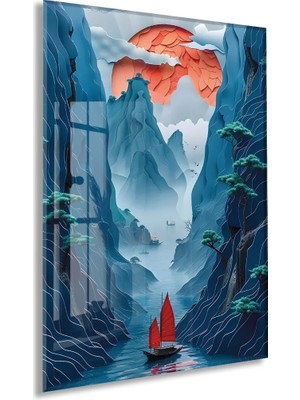 Generic Modern Asya Esintili Doğa Cam Tablo – Dağ ve Nehir Temalı Sanatsal Uv Baskılı Temperli Cam Duvar Tablosu - PEONY007