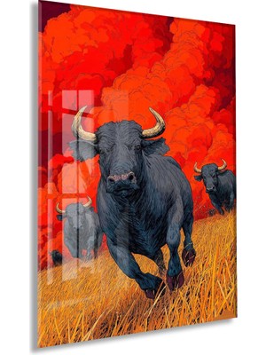 Generic Koşan Boğa Figürlü Cam Tablo – Kırmızı Arka Planlı Modern Güç Temalı Duvar Dekoru - PEONY074