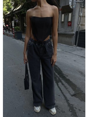 Glam Love Arkadan Yırtmaçlı Jeans Kot Palazzo Pantolon - Siyah -